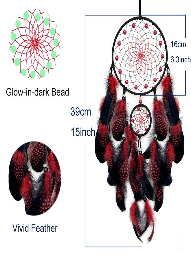SOYUZU Red and Black Dream Catcher Wall Decor Feather Dream Catchers with Luminous Bead Handmade Dreamcatcher Wall Hanging Ornament for Bedroom Living Room Home Decor - Image 2